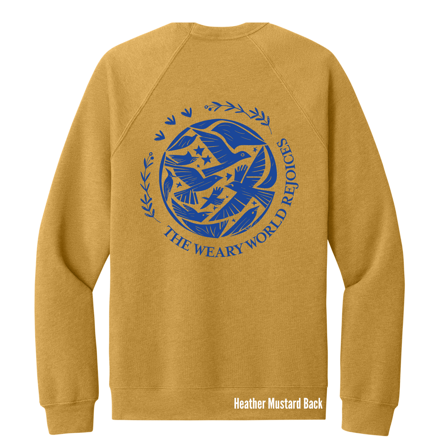 Gold sweatshirt with blue graphic and text on the back against a white background