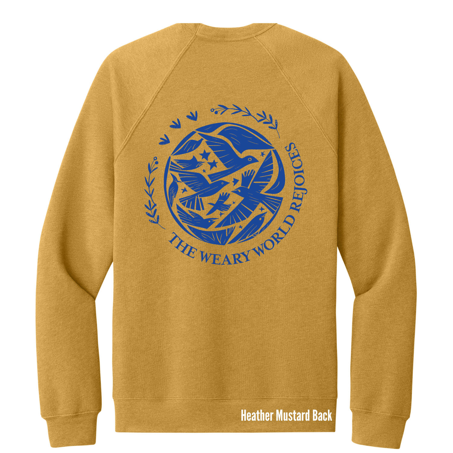 Gold sweatshirt with blue graphic and text on the back against a white background
