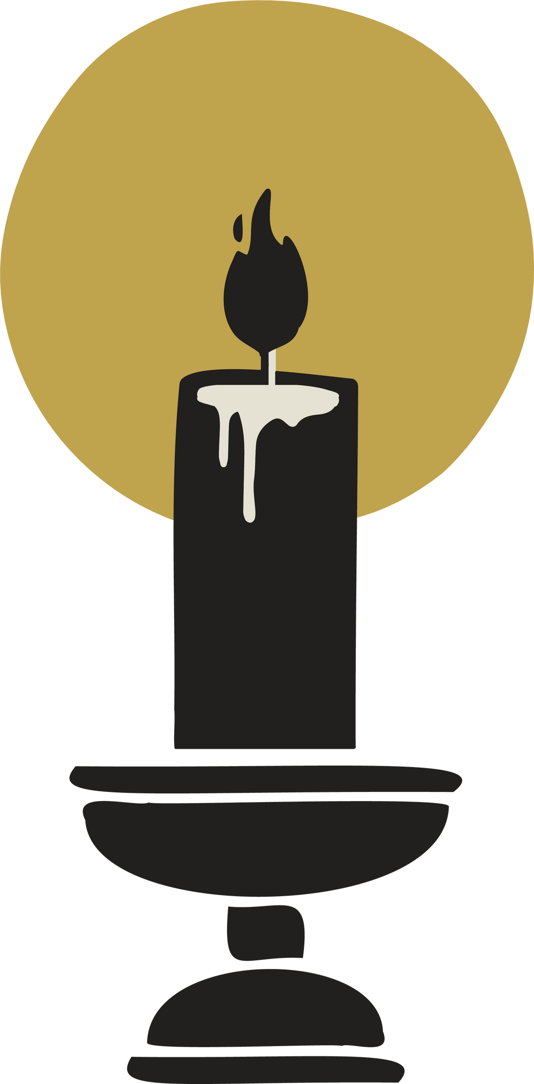 Black candle with wax drips on a white background